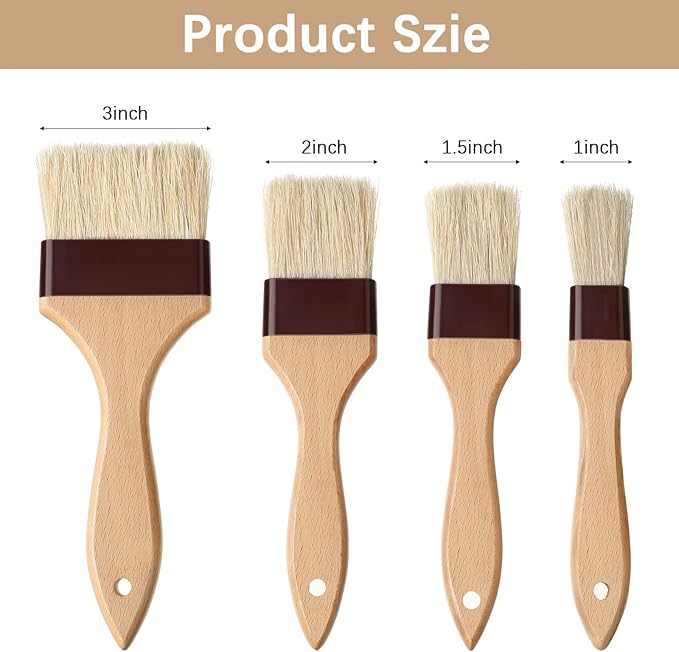 Boao Natural Bristle Pastry Brush Beech Wooden Handle Basting and BBQ Brushes for Cooking, Butter, Oil, Egg, Marinade, Grilling, Baking, Kitchen Food(1, 1.5, 2, 3 Inch)