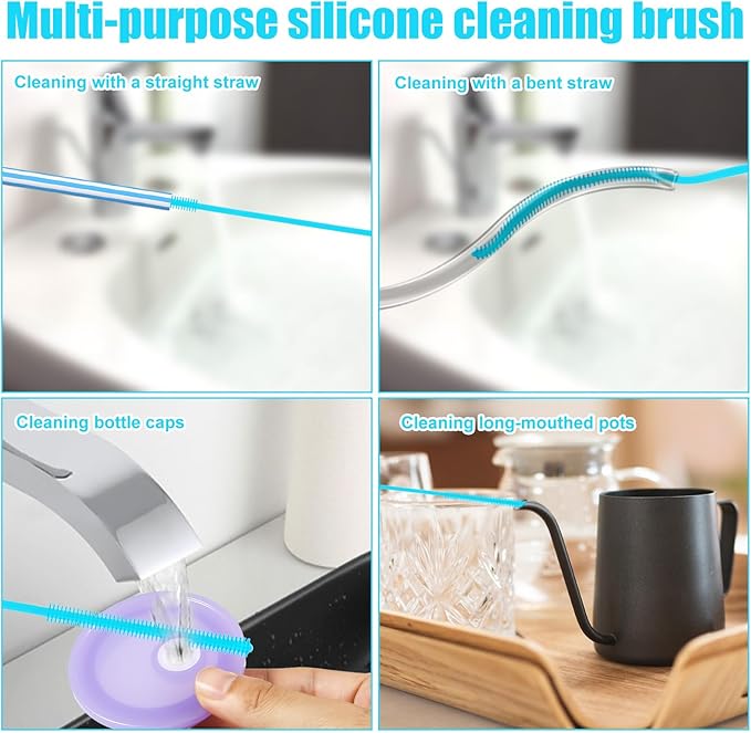 2pcs Silicone Straw Cleaning Brush, Straw Brushes Bristles Cleaner Brush Extra Long Straws Cleaner Brushes for Cleaning Stanley Drink Lid (Blue)