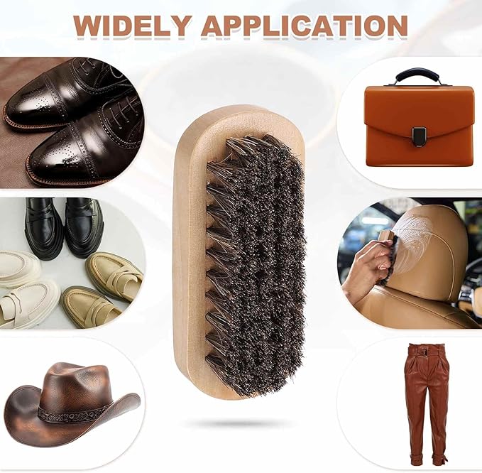 HARFINGTON Shoe Cleaning Brush 4"x1" Beech Wood Horsehair Boot Polish Brushes for Leather Shoes Boots Cloth Cleaner, Dark Brown Wood