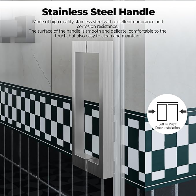 Frameless Shower Door, Adjustable 56"-60" Width x 76" Height, 6mm (1/4") Clear Tempered Safety Glass with Coating, Brushed Nickel Square Rail System, One Fixed One Sliding