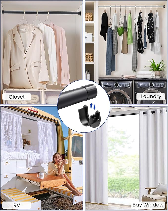 2 PACK Closet Rods for Hanging Clothes, 17 to 28 Inches Stepless Adjustable Metal Closet Rod, 1.3 Inches Heavy Duty Clothes Hanging Rod for Closet Wardrobes Laundry RV, Black