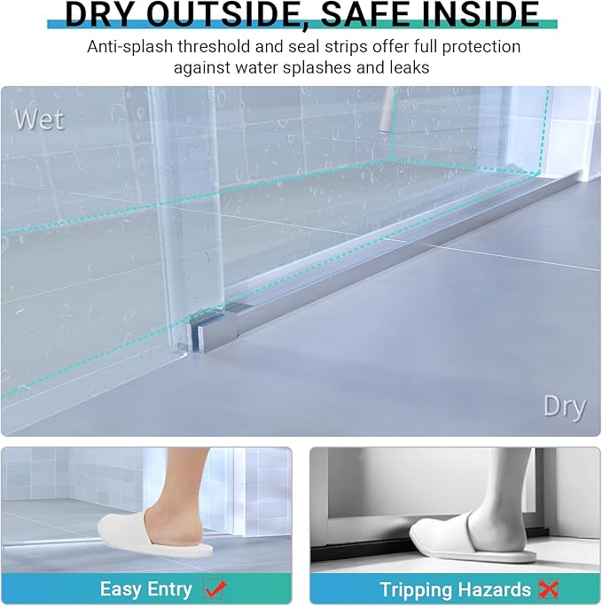 Abruzzo 76" Tall Frameless Single Sliding Shower Door - Adjustable 56" to 60" Width, 1/4" (6mm) Tempered Glass with Safety Film, Brushed Nickel Finish for Walk-in Showers, Space Saving Design