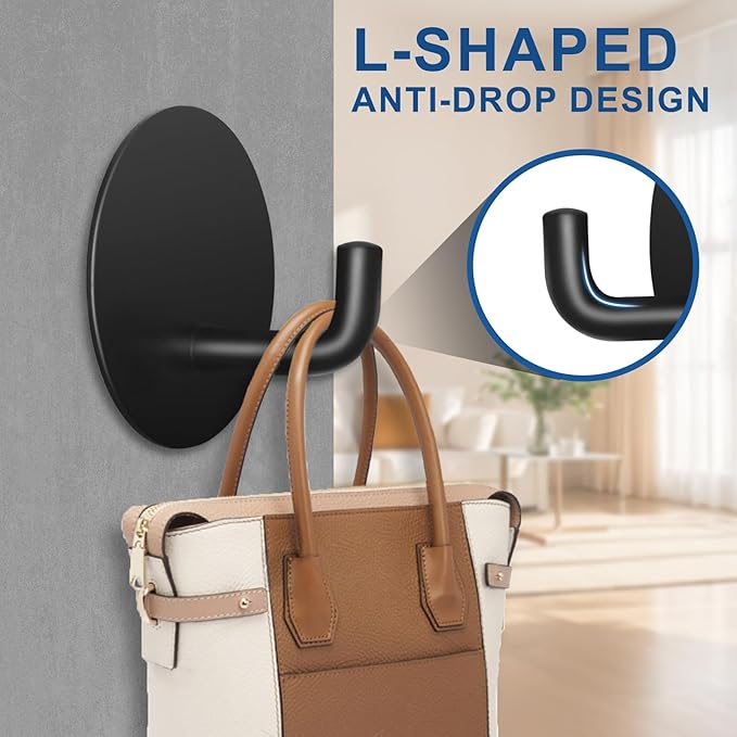 Adhesive Hooks for Bathrooms, 4 Piece Towel Hooks for Hanging Hat Robe Coat, Stick on Hooks for Kitchens, Strong Self-Adhesive No Damage Waterproof Stainless Steel Sticky Hook (Black)