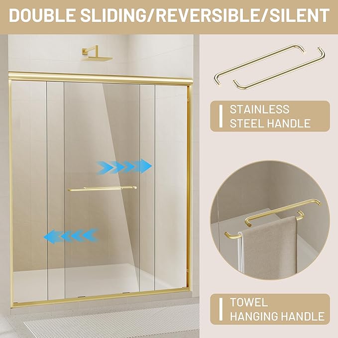 50-54" W x 70" H Double Sliding Shower Door, Semi-Frameless Shower Door with 1/4"(6mm) Clear Tempered Glass, Silent Soft-Close Door for Walk-in Shower, Brushed Gold