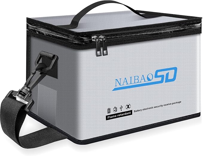 Fireproof Explosionproof Lipo Battery Bag for Lipo Battery Storage and Charging, Large Capacity Fire Resistant Detachable Shoulder Strap with Double Metal Zipper (11 x 8 x 6.5 in)