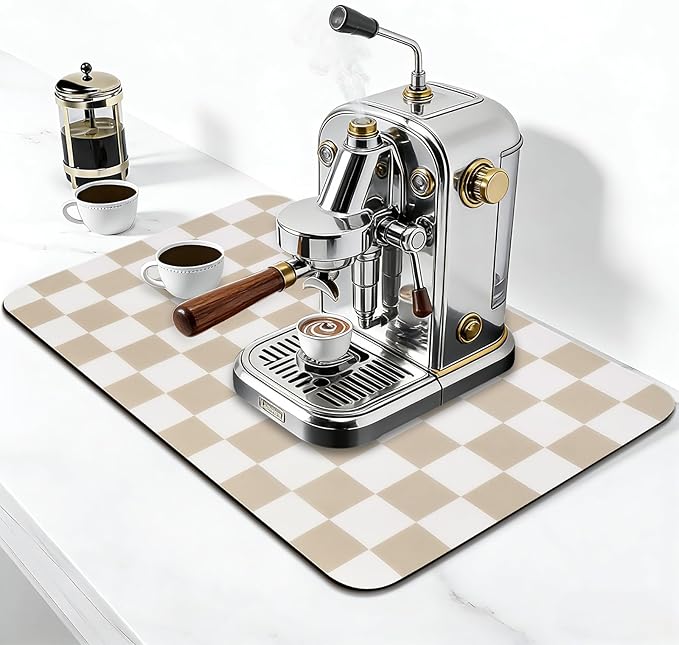 Checkered Dish Drying Mat for Kitchen Counter, Absorbent Non-Slip Coffee Mat, Heat Resistant Mat for Countertops Coffee Bar Decor 12" x 20" Khaki