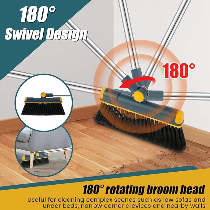 Broom and Dustpan Set for Home, 180° Rotating Broom Combo, Foldable Standing Dustpan and Brush, Long Handle Broom and Dustpan Combo Set with Scraper Teeth for Cleaning Room Office Lobby Floor (A)