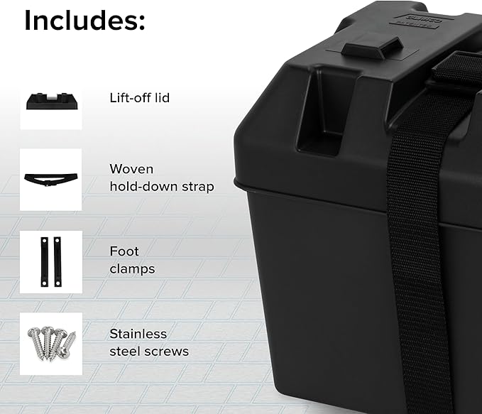 Camco Heavy Duty Battery Box with Straps and Hardware - Group 24 |Safely Stores RV, Automotive, and Marine Batteries |Durable Anti-Corrosion Material | Measures 7-1/4" x 10-3/4" x 8" | (55363)