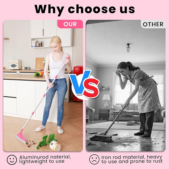 Magic Broom Sweeper, Multifunction Replaceable Silicone Broom, Household Squeegee for Floor Cleaning, Bathroom, Pet Hair, Dog Broom Brush Set (Bright Pink)