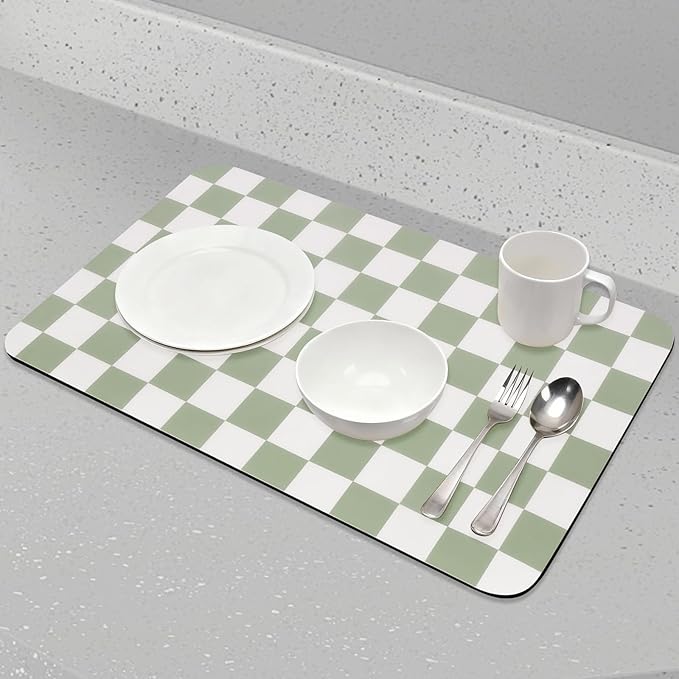 Checkered Dish Drying Mat for Kitchen Counter, Absorbent Non-Slip Coffee Mat, Heat Resistant Mat for Countertops Coffee Bar Decor 17" x 32" Green