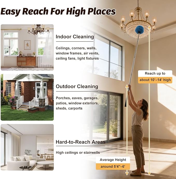 Cobweb Duster Brush with Extension Pole, Lightweight 5ft Long Spider Web Cobwebs Ceiling Fan Dust Cleaning Brush Kit with Washable Head,for Ceiling Fan, Furniture, Eaves,Vent, Roof House Cleaning