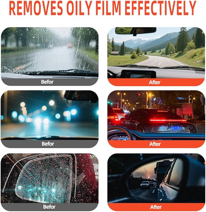 Glass Oil Film Remover for Car,Glass Emulsion Cleaner,Automotive Oil Film Cleaning Brush for Window & Mirror,Removes oil film & Smudges,Clearvision Improve Driving Visibility (100 g)