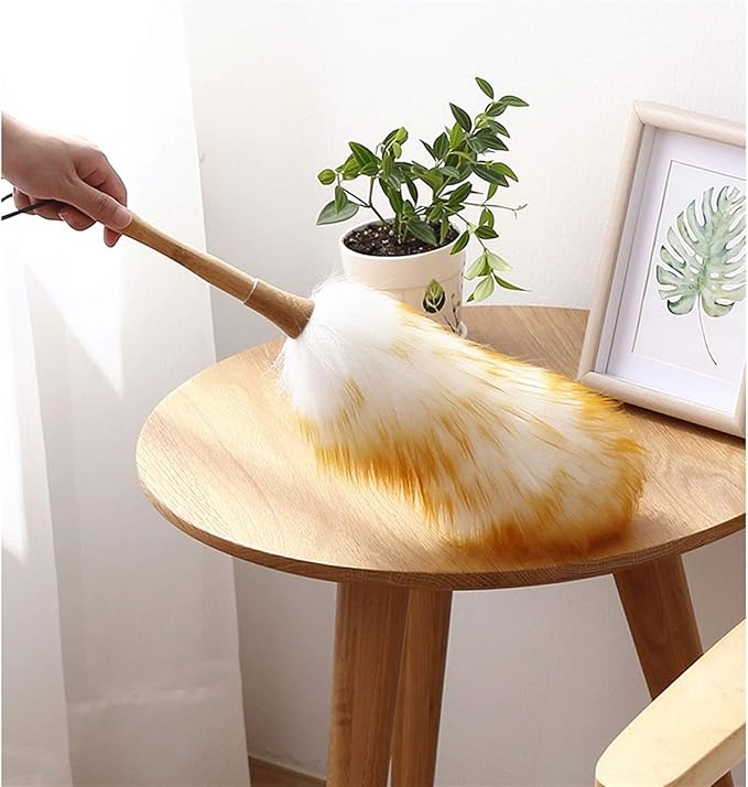 Household Lambswool Duster with Solid Wooden Handle, Good Grips, Anti-Static, Flexible, Feather Duster for Home, Office and Car(B)