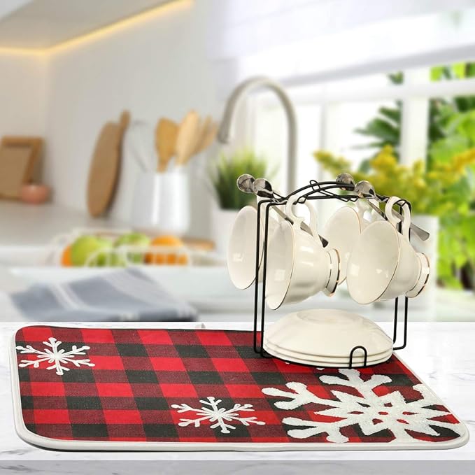 Christmas Red Plaid Snow Snowflake Dish Drying Mat 18x24 inch Red Black Lattice Texture Dish Drainer Kitchen Counter Mats Bottles Dish Dry Pad Protector for Kitchen Countertops