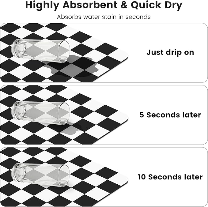 17" x 32" Checkered Dish Drying Mat for Kitchen Counter, Absorbent Coffee Bar Mat for Espresso Machine Coffee Countertops Accessories (Black)