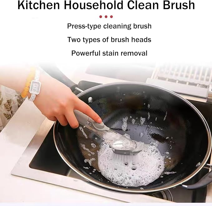 Soap Dispensing Dish Brush with Holder, Kitchen Pot Pan Scrub Brush Set with Replaceable Brush Head, Sink Cleaning Brush with Storage Tray (3-piece Brush Head Set)