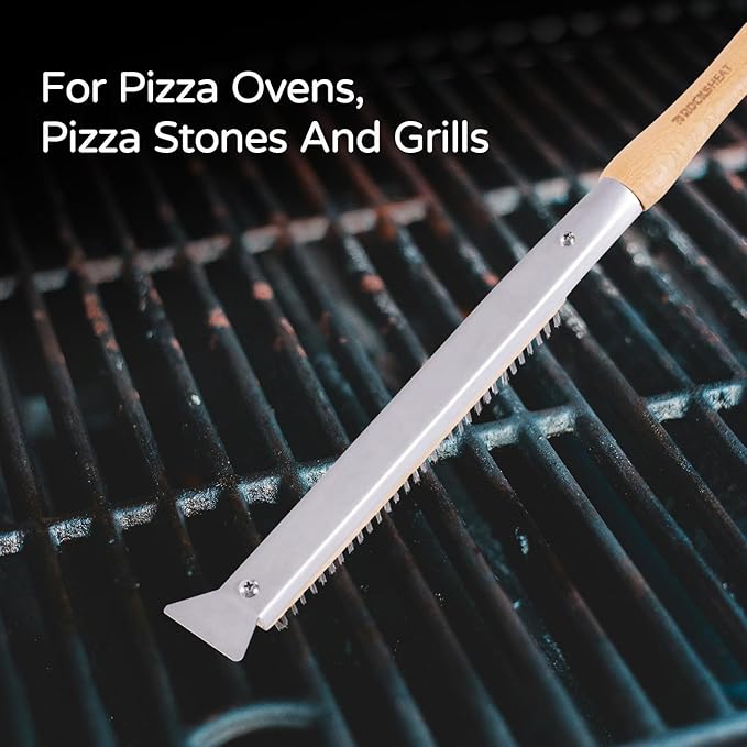 Pizza Oven Brush, 20 Inch Grill Cleaning Brush with Scraper, Heat Resistant Stainless Steel Bristles, Beech Wood Handle, 2 in 1 Pizza Stones Brush, Ourdoor pizza oven accessories