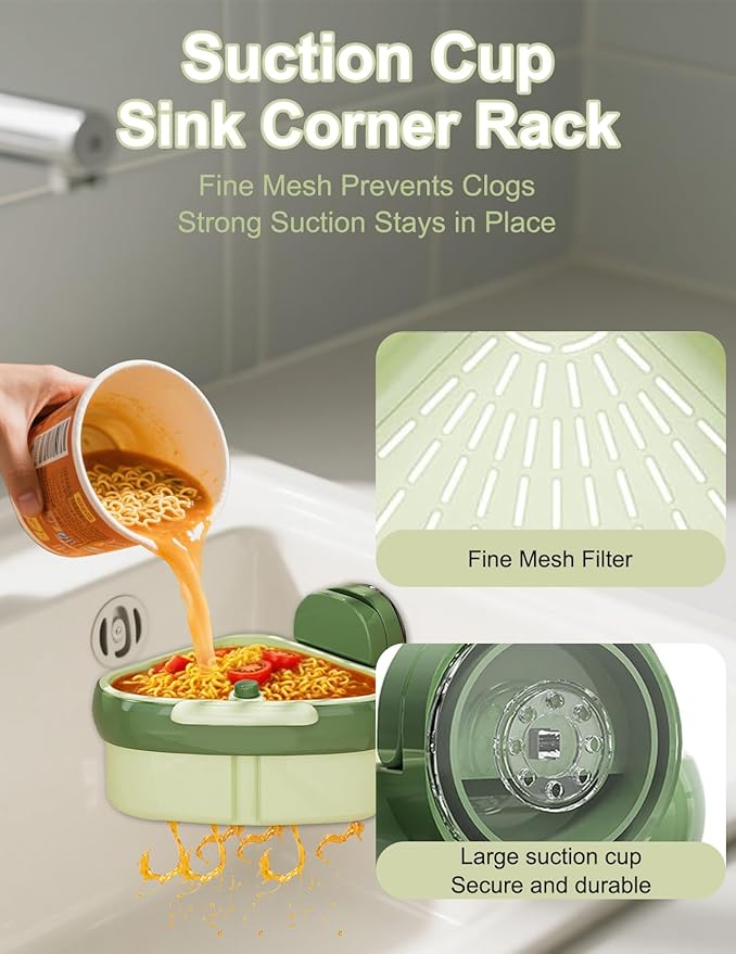 Suction Cup Sink Corner Rack Corner Sink Strainer Triangle Food Waste Catcher Press-to-Dump Drain Basket for Kitchen Sinks