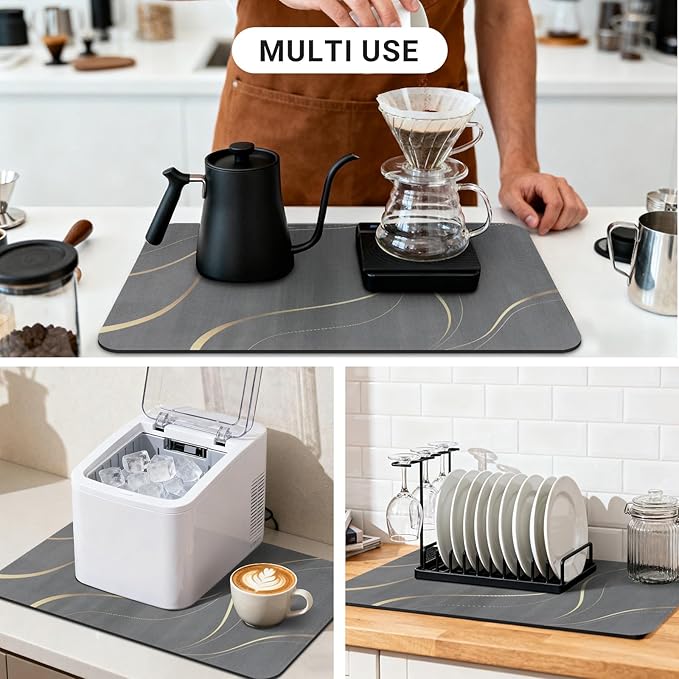 Coffee Bar Mat 20x12 Inch, Light Gray Streamline, Absorbent Hide Stain Rubber Backed Dish Drying Mat for Kitchen Counter,Bar Mat for Countertops, Under Coffee Bar Maker Machine Pot Espresso Machine