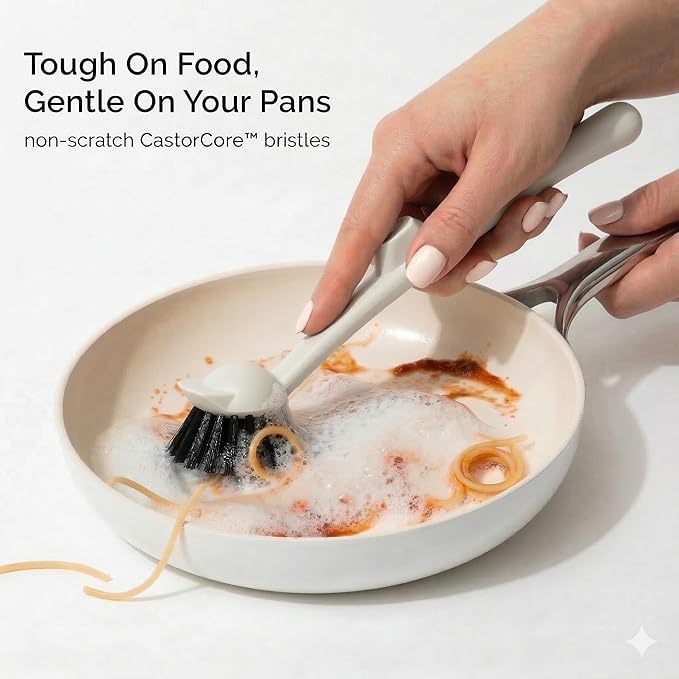 Earth & Mango Magnetic Dish Brush with Scraper – Snaps to Sink – Warm Sand Beige