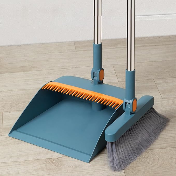 Broom with Dustpan Combo Set 180-degree Rotatable Brooms and Dustpan Set Non-Stick Hair Dustpan Sweeping Brooms Vertical Storage Broom Set Dust Pan and Broom Set for Dog Cat Pets Home Use (Bule)