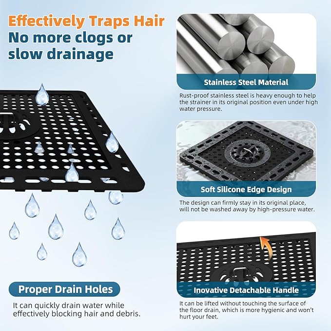 Hibbent 2 Pack Shower Drain Hair Catcher, Shower Drain Cover for Bathroom Floor 6" Drain, Anti-Clogging Bathtub Drain Strainer, Stainless Steel Kitchen Sink Drain Strainer with Handle, Matte Black