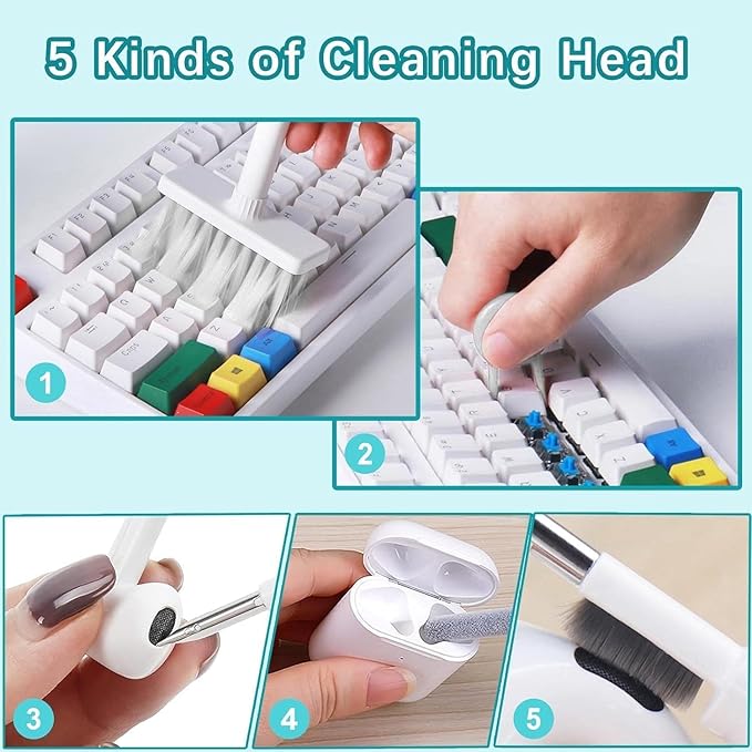 5 in 1 Keyboard Cleaning Brush Kit,Multifunctional Earbuds Cleaner with Keycap Puller,Cleaning Tools for Mechanical Keyboard,PC Laptop and Earphone (White)