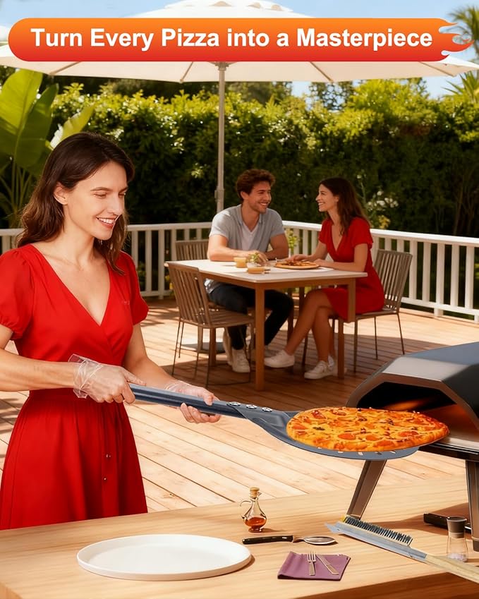 6PCS Pizza Turning Peel, 9 &12 Inch Perforated Pizza Peel, Pizza Brush, Ash Rake, Bubble Spinner Turning Fork, Heat-Resistant Oven Mitts, Pizza Oven Utensil Kit with 40 Inch Aluminum Handle
