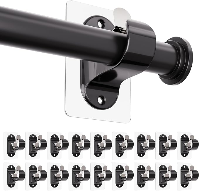 ANDGOO 18 Pack No Drill Curtain Rod Brackets, Renter Friendly Self Adhesive Curtain Rod Holders, Heavy Duty No Drilling Curtain Rod Hooks for Apartment Bedroom Bathroom Dorm Classroom Kitchen (Black)