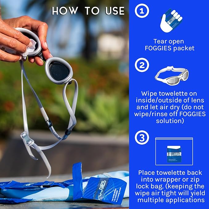 Foggies Anti-Fog Towelettes 6-Pack | 2-in-1 Lens Cleaner & Anti-Fog Wipe | Cleans and Defogs Goggles, Glasses & Masks | Reusable Wipes for Swim, Scuba & Sports Lens