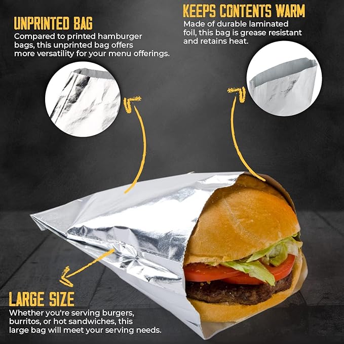 ANGEL’S PEEL LOUNGE Insulated Aluminum Foil Hamburger Bags - Precut Tin Foil Wraps For Burgers, Sandwiches, Hot Dogs, Heavy Duty Non Stick Grease-Resistant Food Wrapping, 6” x 11/8” x 61/2 100 PACK