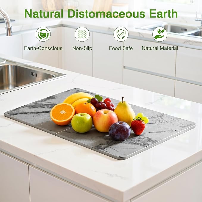 Luxspire Large Stone Drying Mat for Kitchen Counter 24"x16"- Fast-Absorbing Dish Drying Mat Non-Slip Stone Dish Drying Mat for Dishes, Cups Waterproof Counter Protector for Kitchen Bath, Marble Gray