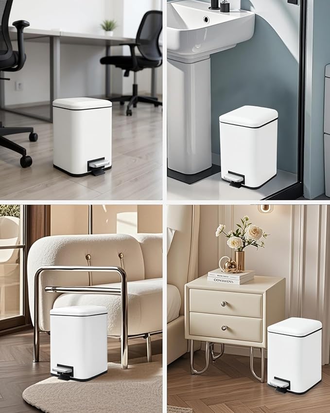 Bathroom Trash Can with Lid, 6 Liter / 1.6 Gallon Small Trash Can with Removable Liner Bucket, Soft Close lid & Step Pedal, White Stainless Steel Garbage Can for Bedroom, Office, Dorm
