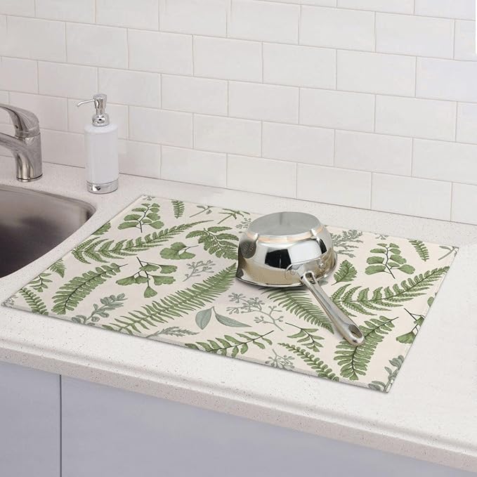 Vintage Botanical Leaves Dish Drying Mat For Kitchen Counter Absorbent Large Kitchen Fast Dry Pad Reusable Washable Protector Rack Large Mat 18 X 24