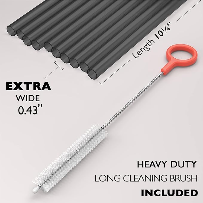 10 EXTRA WIDE Long Reusable Black Hard Plastic Drinking Straws + Cleaning Brush - Fat Thick Large Jumbo Straws for Smoothies and Milkshakes - Black - Dishwasher Safe BPA Free