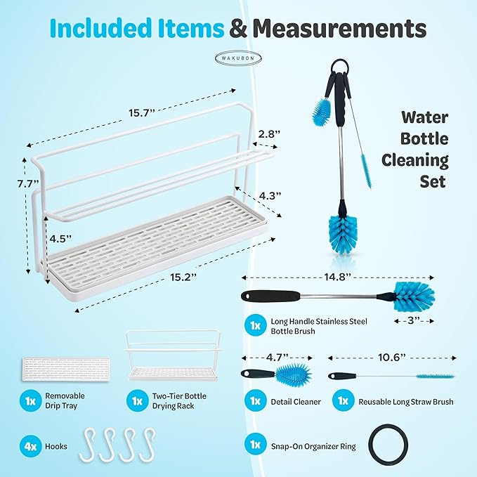 Bottle Drying Rack for Kitchen Countertop - Two-Tier for Water Bottles and Tumblers, Space-Saving Storage Stand with Drainage Tray, Includes Water Bottle Drying Rack Brush Cleaning Set (White)