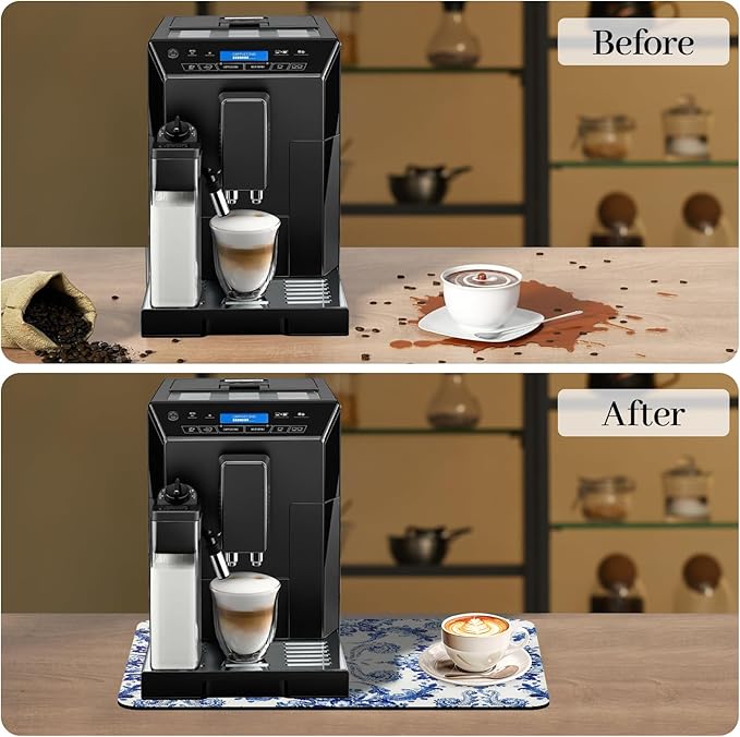 Bloss Dish Drying Mat, 12.2"x19.7" Absorbent Coffee Bar Mat with Waterproof Rubber Back, Fit Under Coffee Maker Machine/Kitchen Counter(Ink Cyan Flower)
