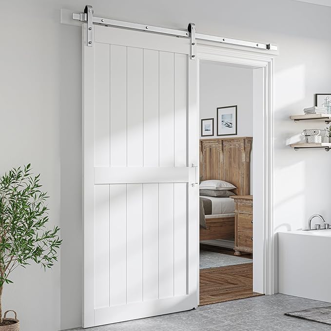 SmartStandard 42 x 96 inch White Sliding MDF Barn Door with 7FT Brushed Nickel Sliding Door Hardware Kit & Handle, Pre-Drilled Ready to Assemble, Waterproof PVC Coating, H-Frame