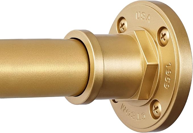 BRIOFOX Industrial Shower Curtain Rod - 2-in-1 Design Tension Curtain Rod - Rustproof Non-Slip 43 to 72 Inch Metal Steel, Frosted Gold Painted Window Curtain Rod