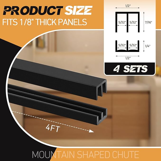 Landical 4 Sets 4FT Sliding Door Track for 1/8" Thick Panels Closet Glass Doors Plastic Cabinet Window Sliding Track (Black)