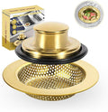 RQYEKDO Kitchen Sink Strainers Sink Stopper Kits, Stainless Steel Sink Drain Strainer Set, Large Wide Rim 4.4" Diameter Food Catcher Garbage Disposal Plug for Most Sink Drains Basket Filter (Gold)