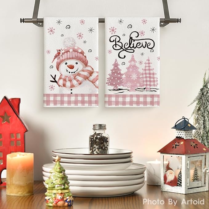 Artoid Mode Pink Xmas Tree Snowman Christmas Kitchen Towels Dish Towels, 18x26 Inch Farmhouse Holiday Winter Decoration Cleaning Set of 2