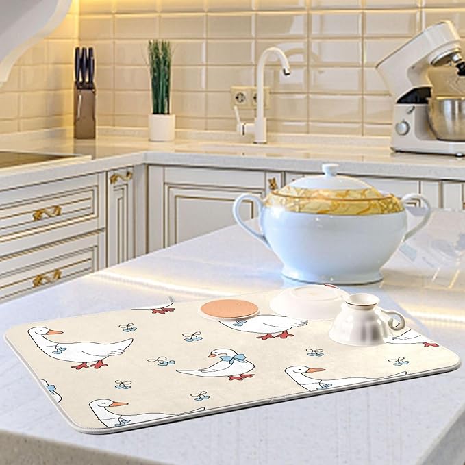 Goose Blue Hearts and A Bow Dish Drying Mat for Kitchen Counter 16x18 inch Super Absorbent Drying Mat Large Dish Drying Mats for Kitchen Countertop Protector Dishes Pad