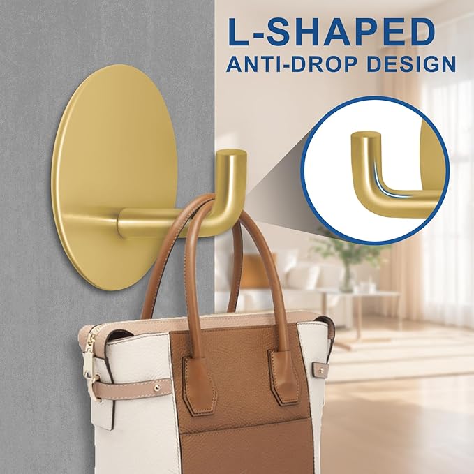 Adhesive Hooks for Bathrooms, 4 Piece Towel Hooks for Hanging Hat Robe Coat, Stick on Hooks for Kitchens, Strong Self-Adhesive No Damage Waterproof Stainless Steel Sticky Hook (Gold)