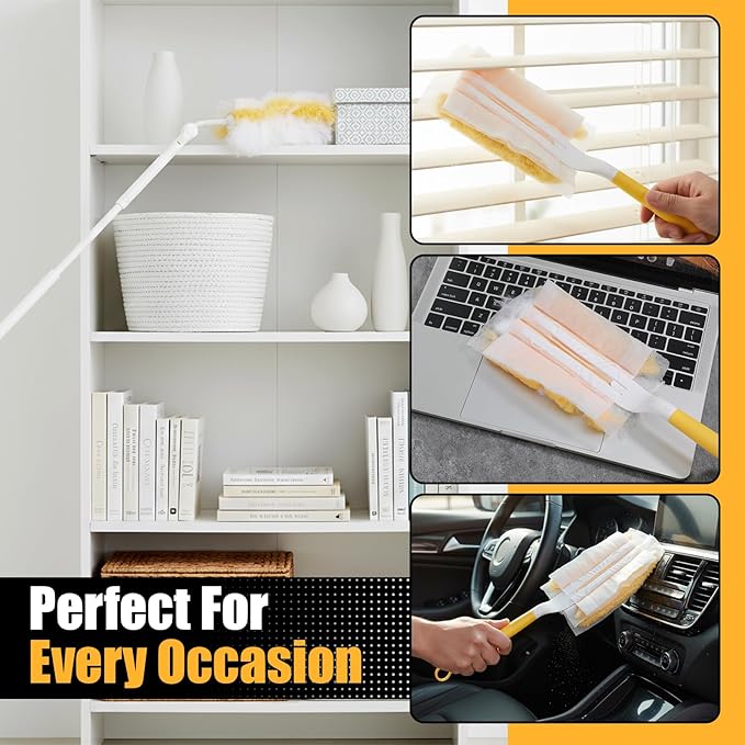 62 Pcs Duster Refills for Swiffe Duster, 360° Heavy Duty Dusters Refill Electrostatic Compatible with Dusteres, Disposable Dusters Kit with 1pcs Retractable Handle for Furniture, Blinds