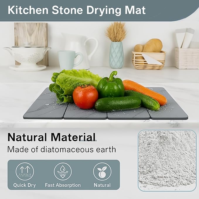 Large 4-Panel Stone Drying Mat for Kitchen Counter, 24"×16" , Foldable Diatomaceous Earth Dish Drying Mat, Quick-Dry ,Premium PU Leather Backing, Non-Slip, Kitchen Essentials