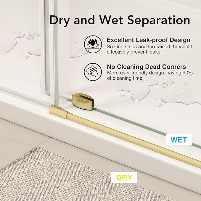 49-54” W x 76" H Single Sliding Shower Door, Frameless Shower Door with Explosion-Proof Film and Nano Coating, 1/4” (6MM) SGCC Tempered Glass, Stainless Steel Hardware, Brushed Gold