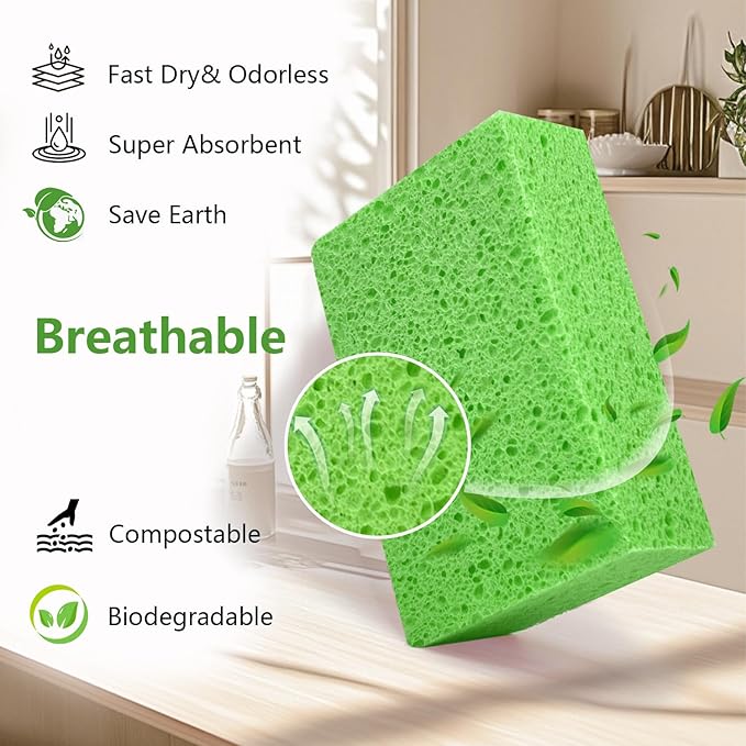 Cleaning and Washing Sponge, 3 Pack Large Extra Thick Heavy Duty Sponge Multi-Purpose for Kitchen Bathroom Bike Boat Car, Natural Cellulose Sponges 4" X 6" X 2" (Green)