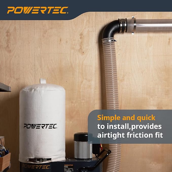 POWERTEC 70105 4" Elbow Dust Hose Connector, Black, 4", 90 Degree Elbow