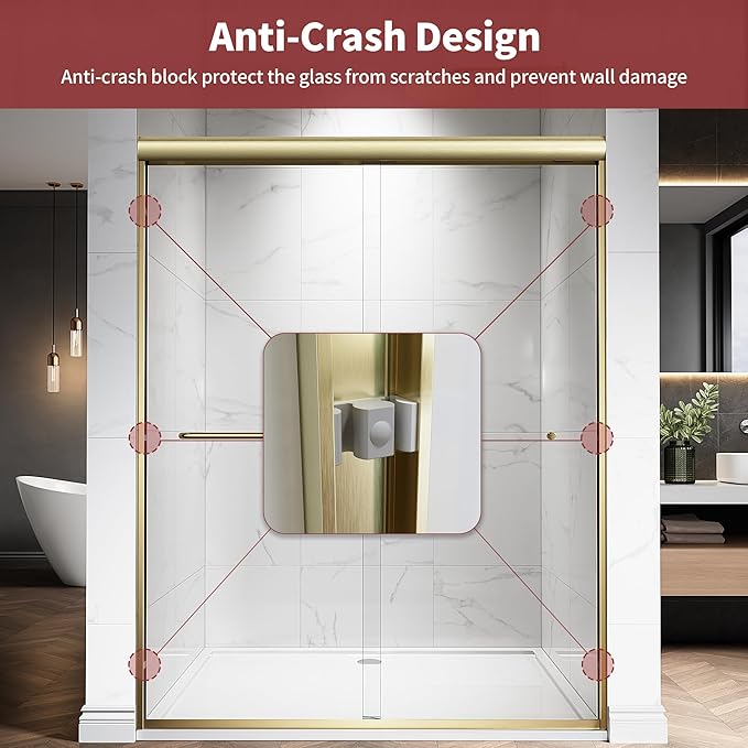 44-48" W x 72" H Semi-Frameless Double Sliding Glass Shower Door, 1/4" (6mm) Clear Tempered Glass, Bypass Sliding Shower Door for Bathroom, Easy to Clean (Brushed Gold, 48" W x 72" H)
